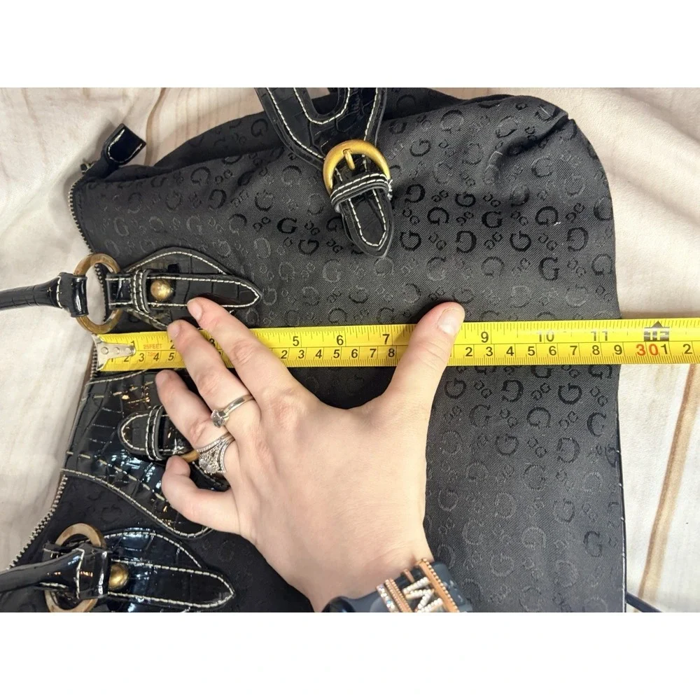 Y2K Guess‎ Black Shoulder Bag Buckle Studded Patent Canvas Chic Glam Designer